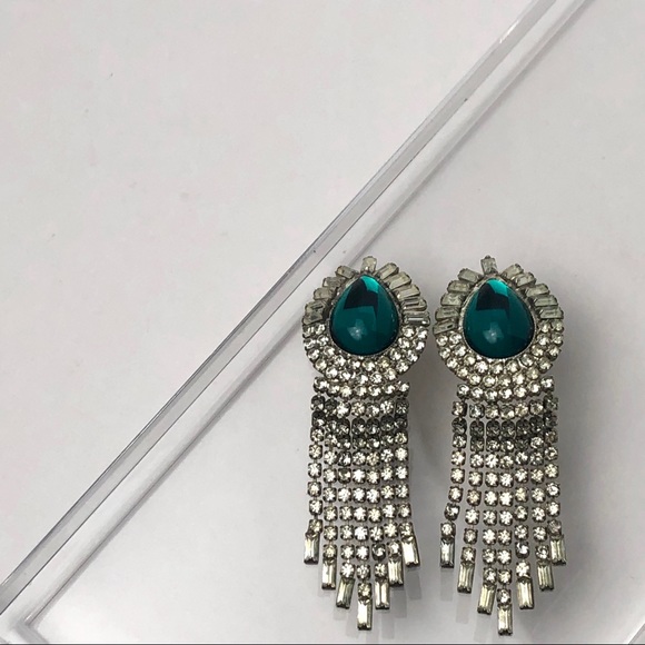 VTG GREEN CABOCHON RHINESTONE DROP EARRINGS - Picture 2 of 12